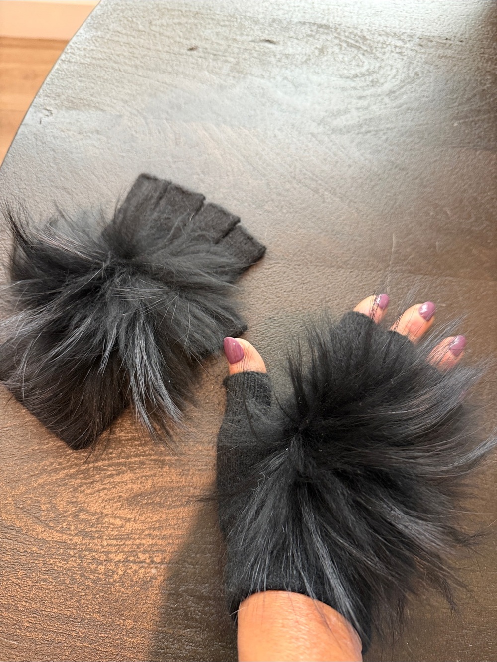 Black Faux Fur Fingerless Mittens with Plush Pom - Women's Gloves
